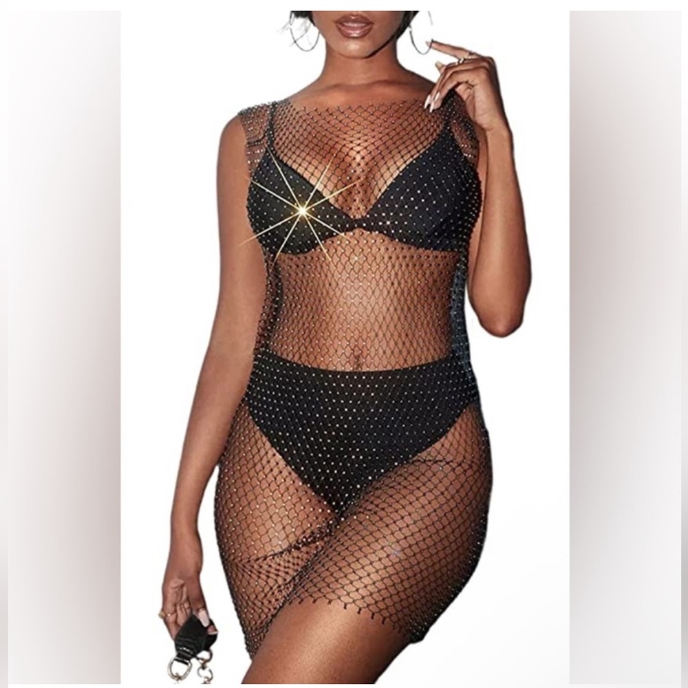 Fishnet rhinestone beach cover up dress